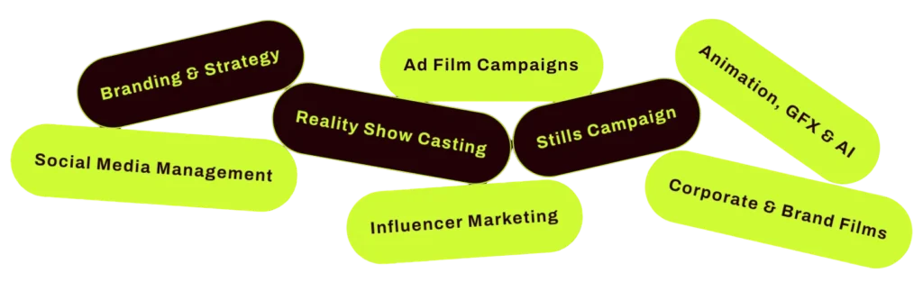 Branding & Strategy, Ad Film Campaigns, Animation, GFX & AI, Social Media Management, Reality Show Casting, Stills Campaign, Influencer Marketing, Corporate & Brand Films